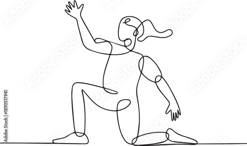 A single-line drawing of a female athlete in action during a sports event, captured dynamically from a side viewpoint.