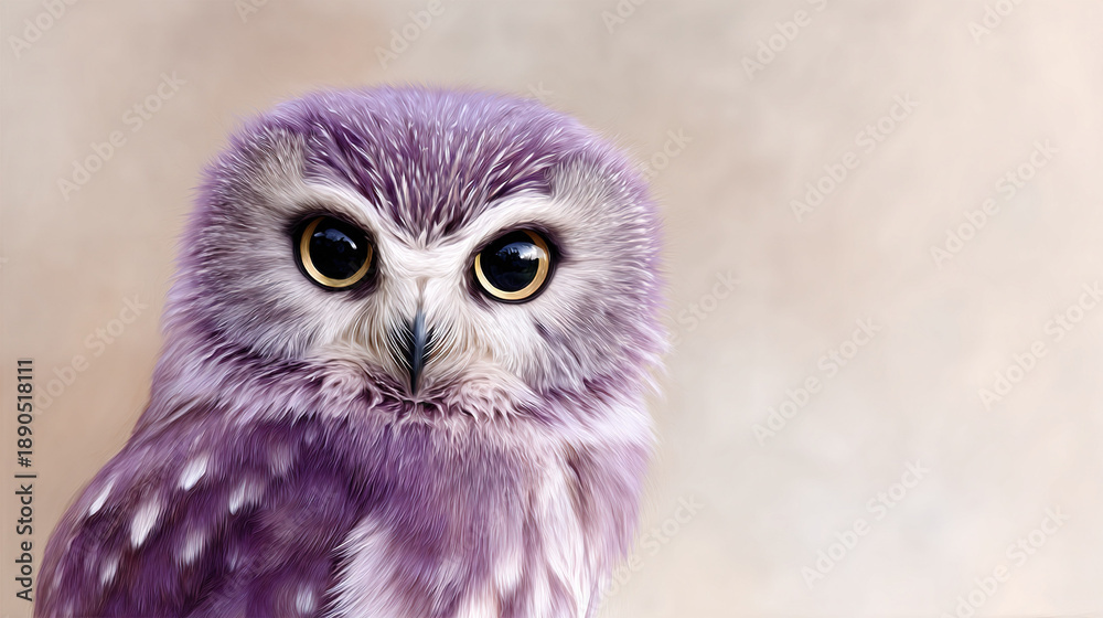 Fototapeta premium Close-up of a purple and white owl with intense gaze