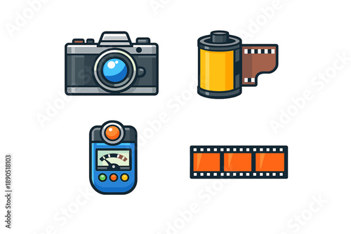 Different tools used in photography including a camera, roll of film, light meter, and film strip arranged together on a plain background