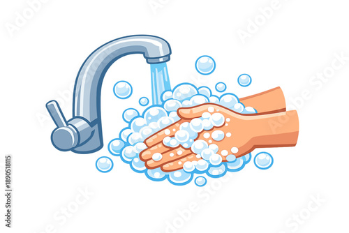 Hands are getting washed under running water from a faucet with bubbles and soap during a clean activity at home