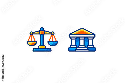 Symbols of law showing a scale and a courthouse representing justice and legal processes in society