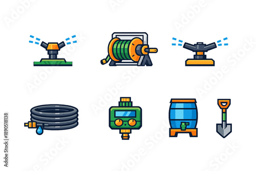 Different tools and equipment for irrigation and garden care shown together on a white background
