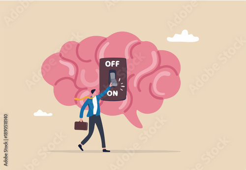 Turn on brain to think, creativity, thought or concentration, smart thinking or emotional intelligence, mindset, wisdom and knowledge concept, smart businessman genius turn on switch on his own brain.