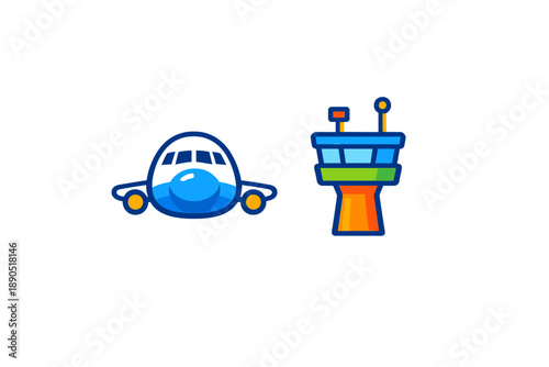 Airplane and control tower graphics showing airport interaction and aviation communication
