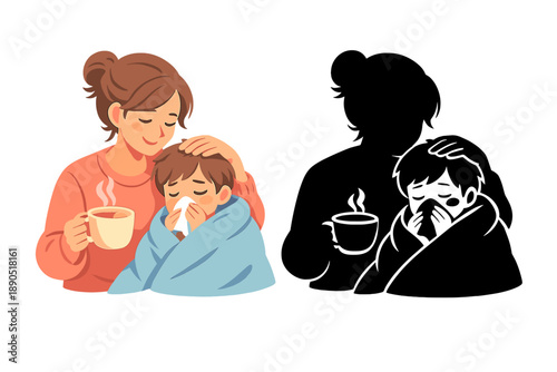 Mother cares for sick child while holding warm drink in cozy setting during winter months