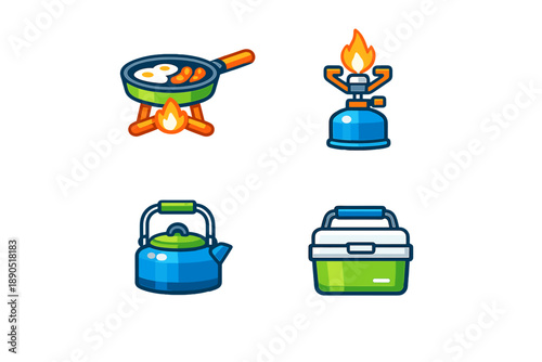 Cooking tools are shown on a white background with a gas stove, frying pan, kettle, and food container during meal preparation time