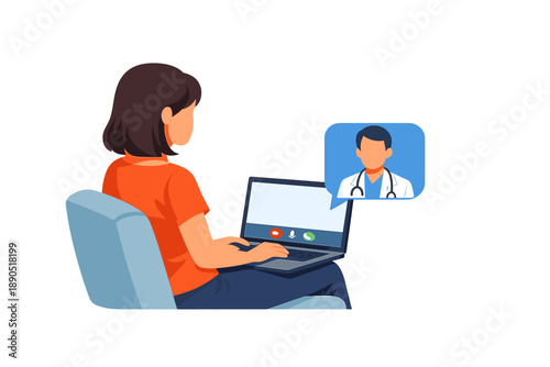 Woman consults doctor online using a laptop during daytime at home while sitting in a chair and wearing casual clothes