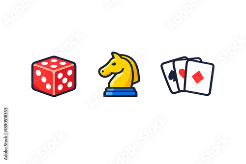 Board games and playing cards on a white background with a red dice and a yellow knight piece and playing cards set