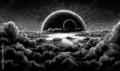 Planets dotwork. Earth moon alien planet in black sky clouds background, fantasy sun universe galaxy mystic night landscape vintage dots art halftone engraving vector illustration