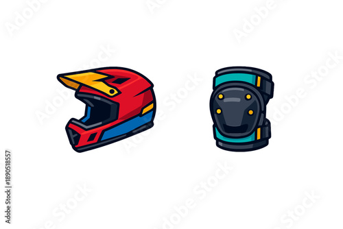 Colorful helmet and knee guard placed side by side on a white background highlighting safety gear for sports and activities like biking or motocross