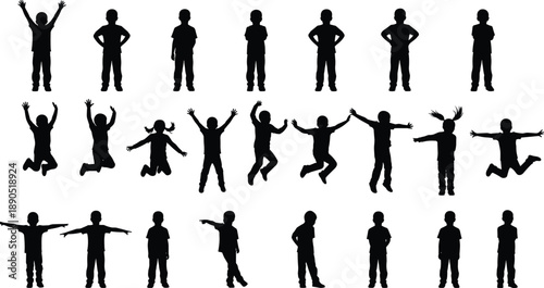 Silhouette, children, poses, jumping, standing, dancing, pointing, arms raised, hands on hips, movement, posture, black, white background, expressive, dynamic, playful, solo, gesture, body language