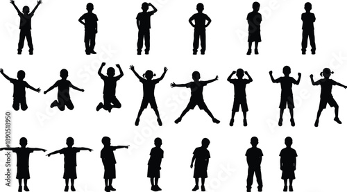 Silhouette, children, poses, jumping, standing, saluting, hands on hips, movement, posture, black, white background, expressive, dynamic, playful, solo, group, action, gesture, body language, activity