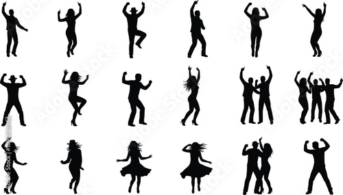 Silhouette, dancers, people, poses, movement, jumping, kicking, swaying, expressive, dynamic, black, white background, group, solo, interaction, joy, energy, dance styles, motion, celebration