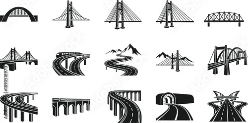 Bridge and road vector icons set, black silhouettes of highways, tunnels, viaducts, rail bridges for transportation, infrastructure, travel graphic design