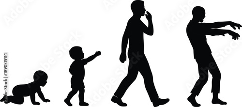 Silhouette, human evolution, baby crawl, toddler walk, adult smartphone, zombie posture, technology addiction, digital age, awareness loss, modern behavior, tech impact, humorous illustration, life 