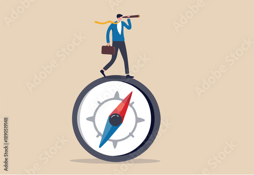 Business direction with leadership visionary, business goal and achievement or looking for solution and discovery concept, smart businessman leader using telescope look for the way forward strategy