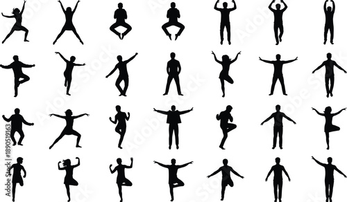 Silhouette, human, poses, posture, gesture, movement, jumping, dancing, sitting, standing, dynamic, black, white background, expressive, solo, reference, animation, activity, motion, body language