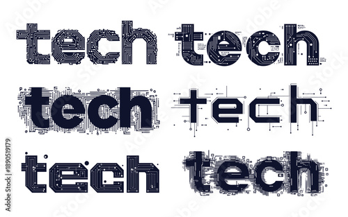 Tech letter logo. Digital future technology logos, microcircuits connection electronic boards words style design ai innovation cyber hi tech cyberpunk sign set vector illustration