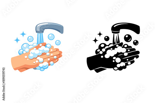 Washing hands with soap and water while bubbles form in a sink at home or in a public place during the day for hygiene purposes