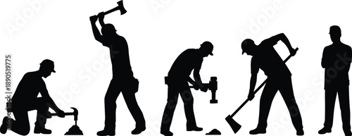 Silhouette sequence of construction workers using tools, manual labor evolution concept, industry workforce progress illustration isolated on white