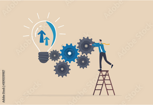 Process improvement, adjustment to improve efficiency or productivity, project progress or development to increase performance concept, businessman put gear into system to improve development process.