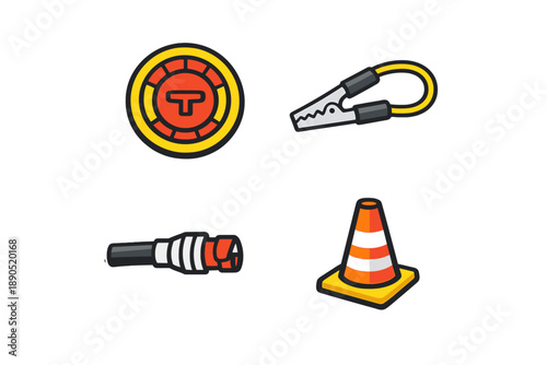 Various tools and equipment used in emergency situations and roadside assistance displayed in a simple layout showing their practical uses