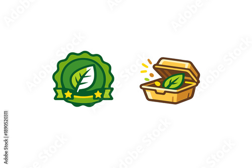 Leaf design badge and takeout box with leaf symbol representing eco-friendly choices and sustainability efforts in dining