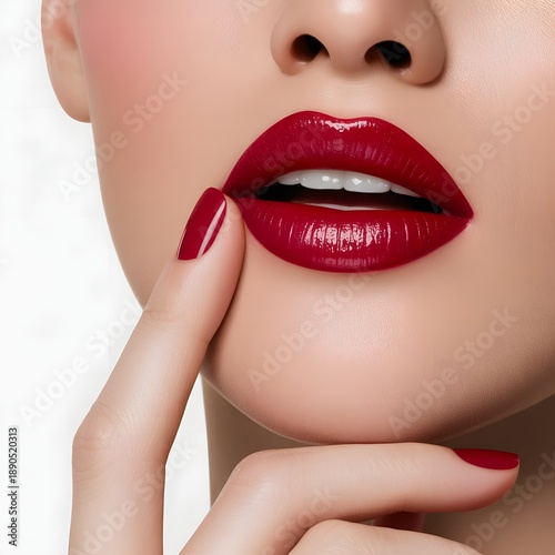 Close Up Beauty Portrait of Glossy Red Lips with Perfect Makeup on White Background