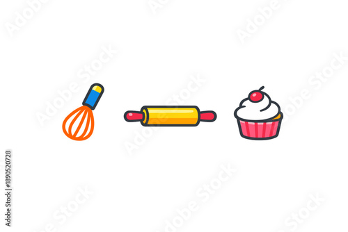 Whisk, rolling pin, and cupcake are displayed together on a plain background during a baking session in a kitchen