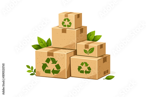 Display of stacked cardboard boxes with recycling symbols and green leaves in a simple arrangement in a bright space