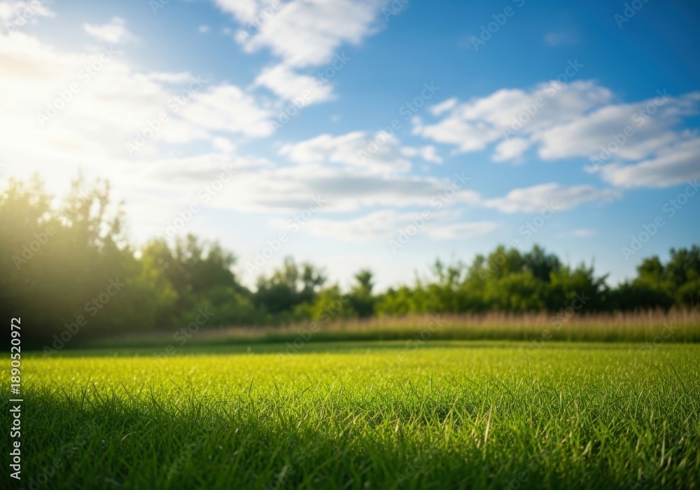 Fototapeta premium Beautiful landscape of a green field with trees and blue sky with clouds