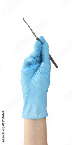 Medical worker holding metal skin hoot on white background, closeup