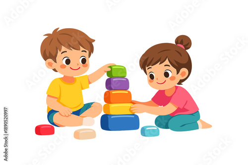 Kids play with colorful blocks and build a tower together during a fun activity at home in the afternoon