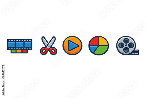 Various icons representing video editing tools and features used for creating and processing visual media content on digital platforms