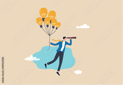 Business ideas, creativity or innovation to searching for new success, finding solution or imagination, visionary or new opportunity concept, businessman flying with lightbulb balloons and telescope.
