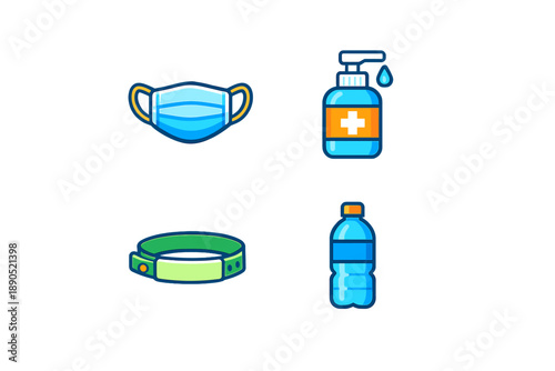 Items for personal care and hygiene during the pandemic with a mask, hand sanitizer, an identification band, and a water bottle displayed on a simple background