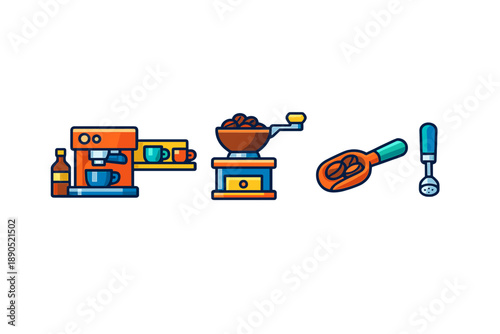 Coffee making equipment and tools show various steps and items for preparing fresh coffee in a simple kitchen setup without any distractions