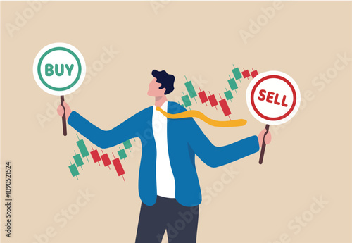 Buy or sell in stock market and crypto currency trading, investment decision, wealth management or financial concept, businessman investment analyst holding buy or sell sign with candlestick chart.