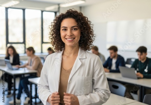 Smiling young woman in white lab coat standing in classroom