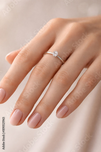 Elegant solitaire ring on a woman's hand, set against a soft, neutral backdrop, highlighting the simple beauty and grace of the jewelry.