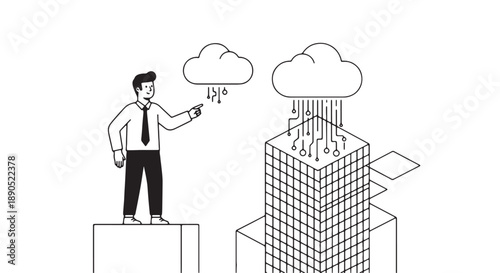 Businessman controlling rain clouds over skyscrapers with remote control device in monochrome illustration