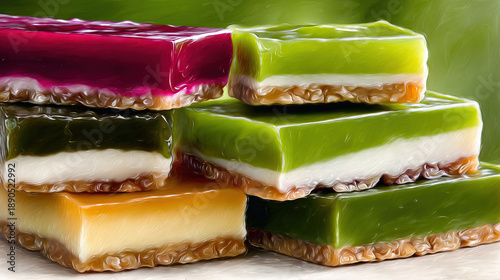 Stacked colorful bars on a surface