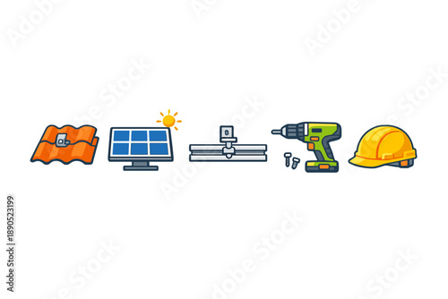 Solar panel installation tools and equipment placed in a row showing a roof tile, solar panel, level, drill, and hard hat in a work setting