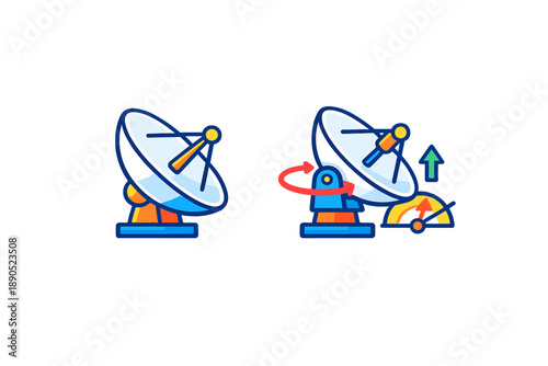 Communication technology uses satellite dishes to send and receive signals from space in different positions at a specified angle