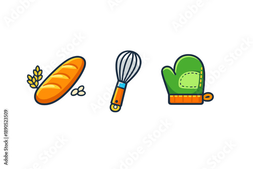 Different kitchen items are shown with a bread loaf, a whisk, and an oven mitt all displayed on a white background in a simple and clear design