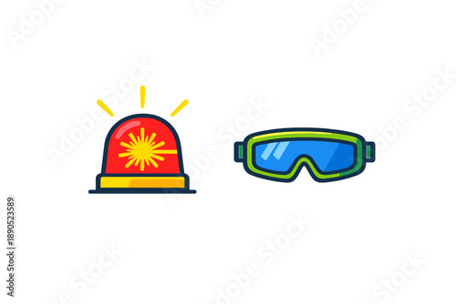 Police siren and safety goggles are often seen in emergency situations and rescue operations during the daytime in urban areas or at events where safety is a priority