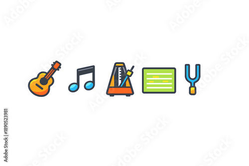 Icons representing music elements including guitar, notes, metronome, sheet music, and tuning fork used for learning or practicing music