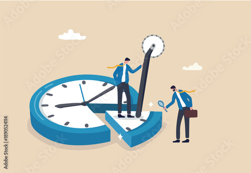 Time or attendance tracking system, analyze work efficiency in project management, productivity, workflow or effort, time spending to finish task concept, businessman cut clock in piece to analyze.