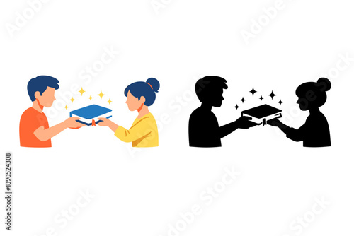 Two children exchanging a book with joy at a classroom during a bright day