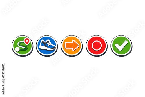 Five simple icons show steps for a fitness app to track walking route, show shoes, indicate direction, stop timer, and confirm completion of task